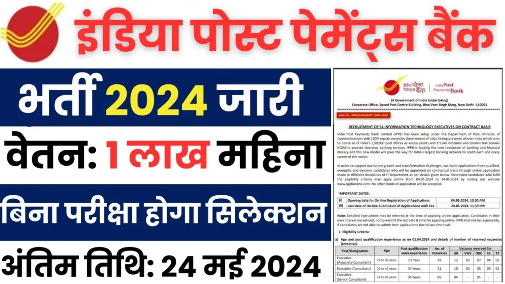 India Post Office Bank Vacancy 2024 बिना परीक्षा डायरेक्ट होगा सिलेक्शन, 1 लाख रुपये मासिक वेतन